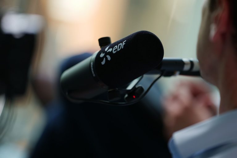 EDF branded microphone during the Talking Power video podcast recording