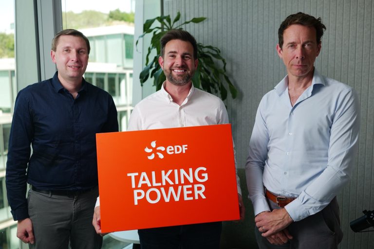 EDF Energy and Iron Mountain guests with the Talking Power sign after recording
