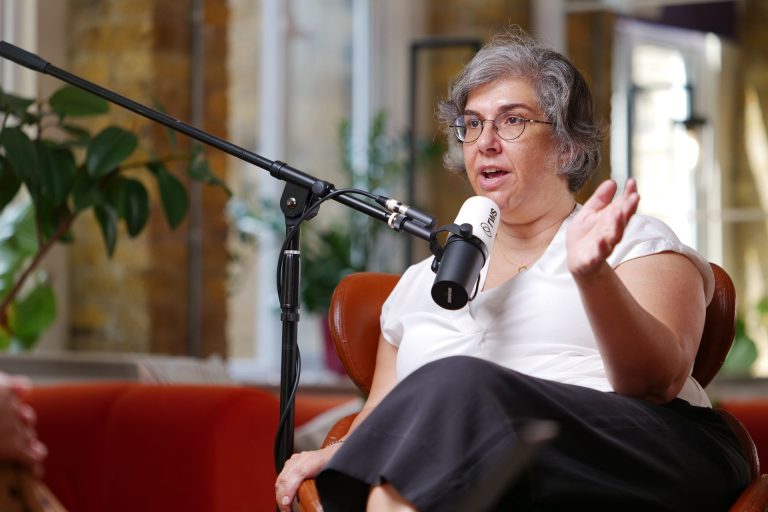 Maria Schnell recording the RWS Cultural Intelligence podcast, behind the scenes with LRB